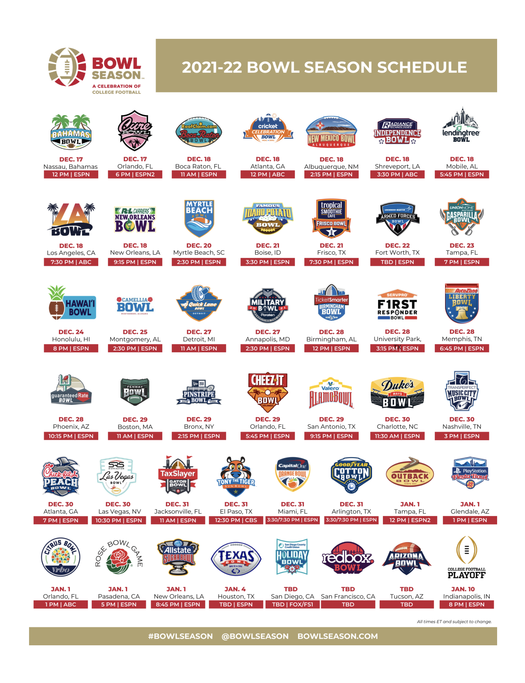 202122 Bowl Season Schedule Announced Bahamas Bowl