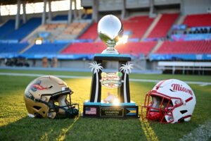 Photo Trophy And Helmets On Field